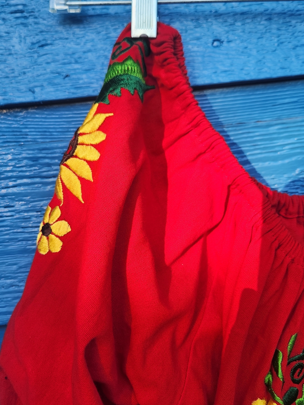 Red Embroidered Peasant Top with Sunflower Detail - Picture 3 of 7